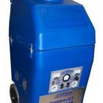 A blue air compressor with wheels on a white background.