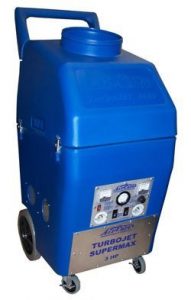 A blue air compressor with wheels on a white background.