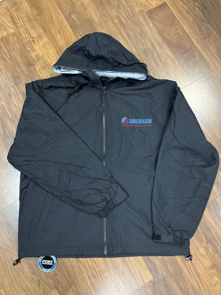 A black hooded jacket with a logo on it.